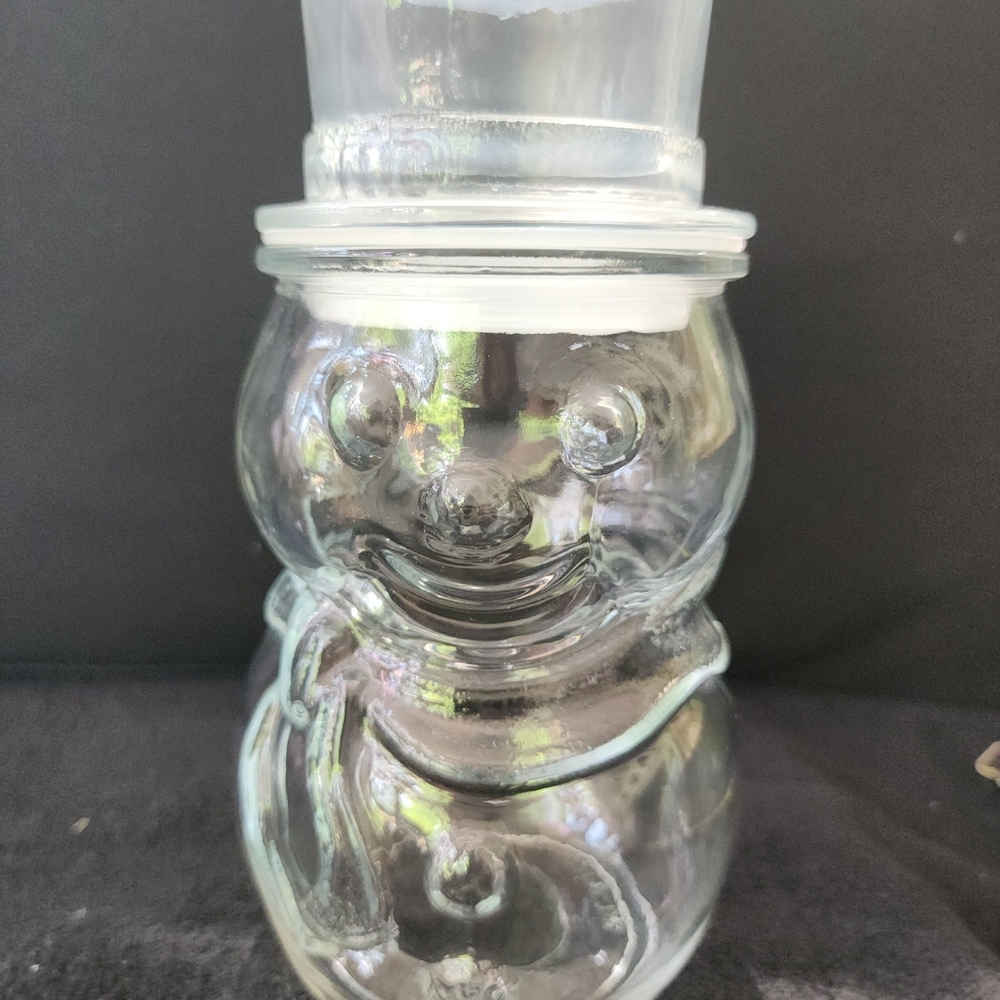Vtg Glass Snowman Christmas Apothecary Jar Hat Lid Clear Candy Nuts Gift Mexico